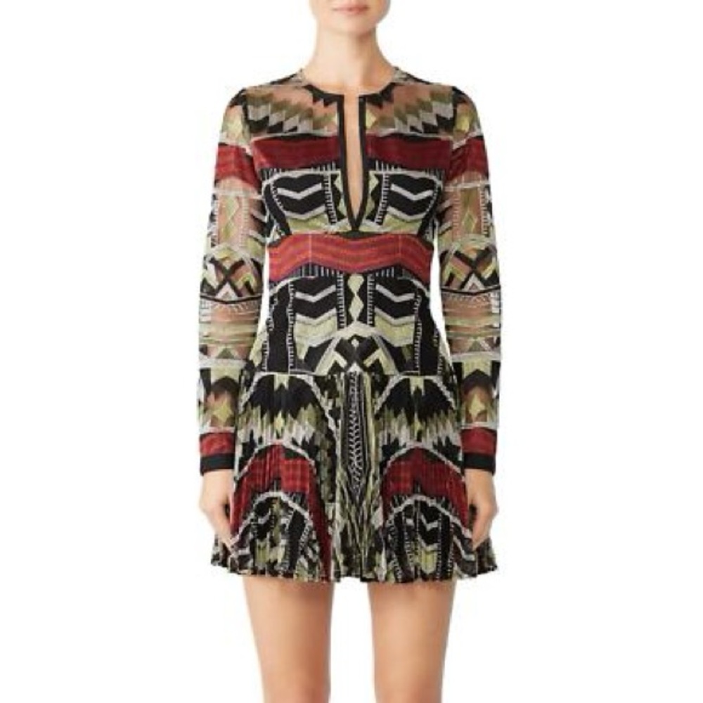 Patterned Long-Sleeve Mini Dress in Red and Black